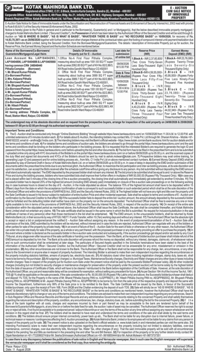 KOTAK MAHINDRA BANK LTD. E-AUCTION SALE NOTICE FOR SALE OF IMMOVABLE PROPERTY".