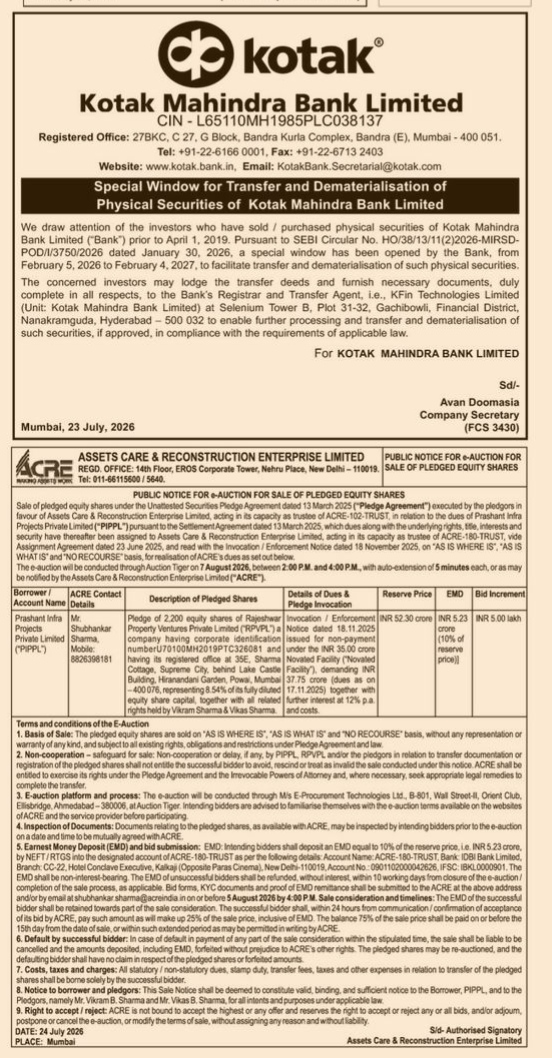Kotak Mahindra Bank Public Notice: Transfer and Dematerialisation of Physical Securities