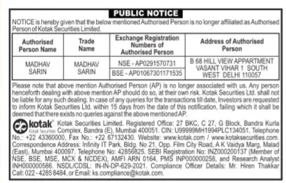 Kotak Securities Public Notice Regarding Disaffiliation of Madhav Sarin