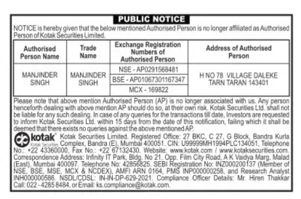 Kotak Securities Public Notice: Termination of Authorised Person Manjinder Singh