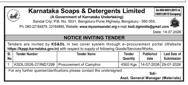 KSDL Procurement of Camphor Tender Notice