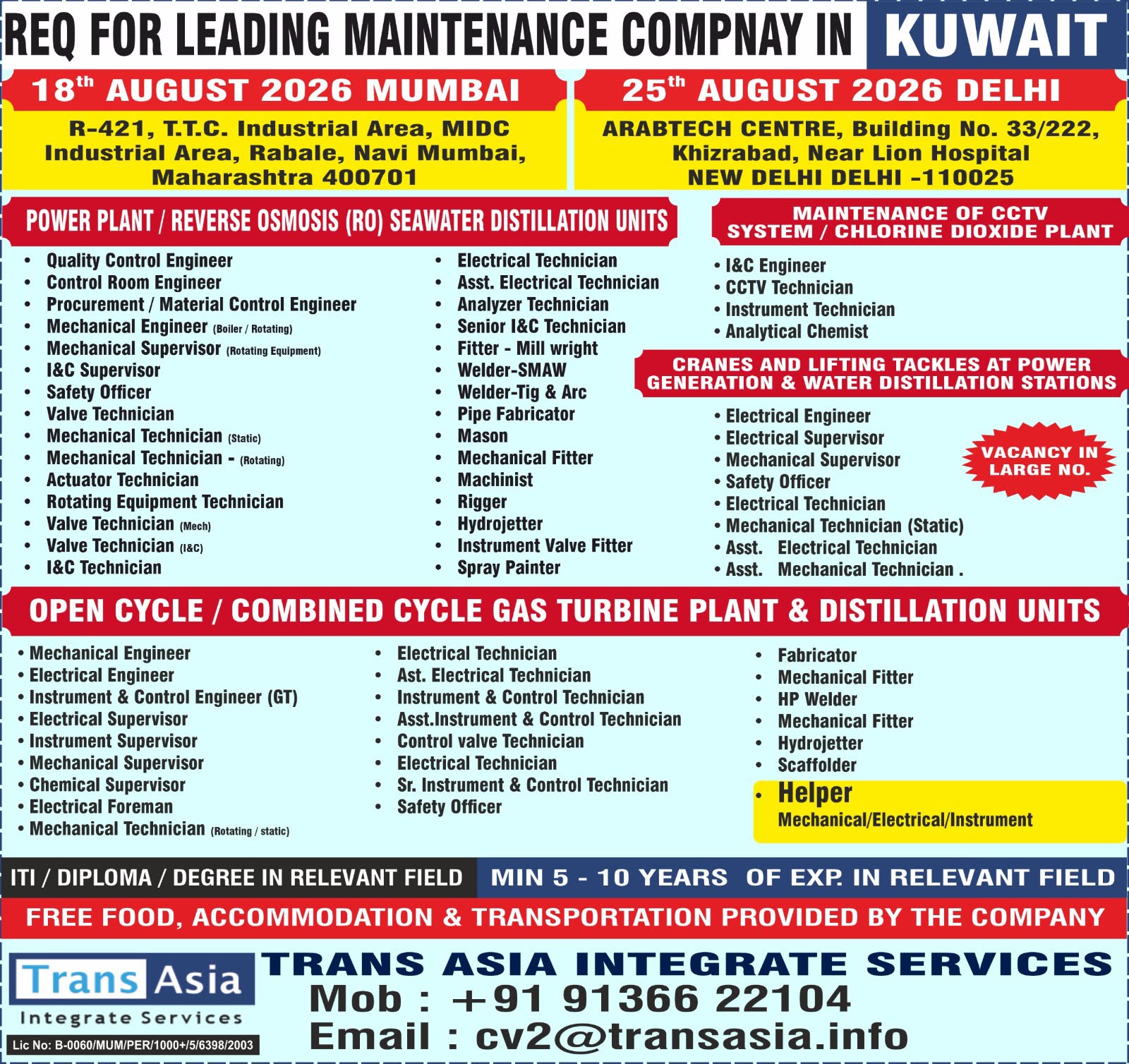 Kuwait Maintenance Company Recruitment Drive (August 2026)