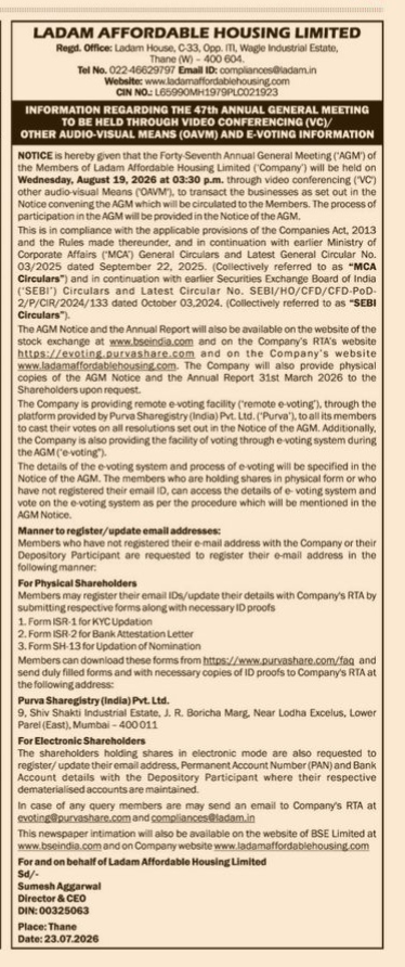 Ladam Affordable Housing Limited 47th AGM Notice