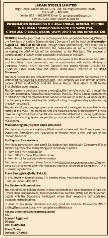 Ladam Steels Limited 42nd AGM Notice