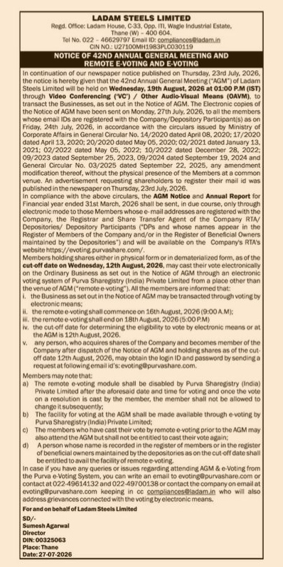 Ladam Steels Limited Notice of 42nd AGM and Remote E-Voting