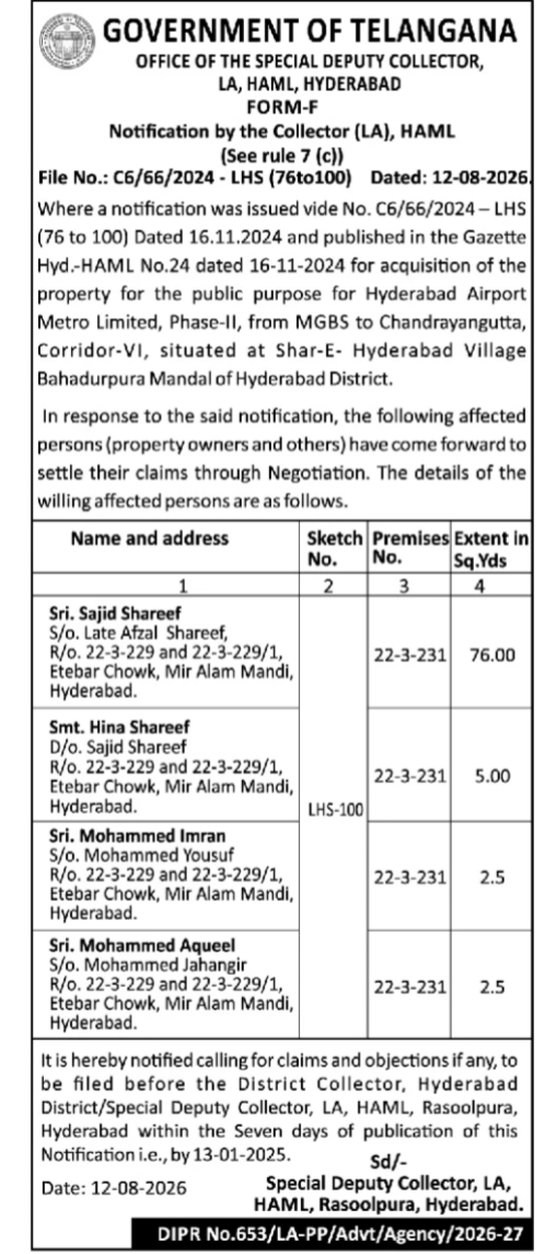 Land Acquisition Notification for Hyderabad Airport Metro Limited Phase-II (Form-F)