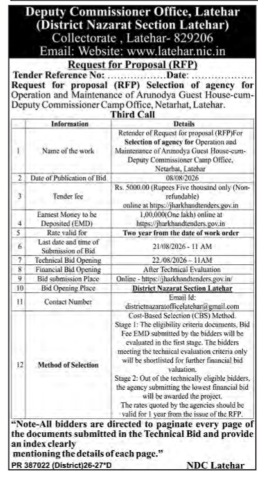 Latehar RFP for Arunodya Guest House O&M (Third Call)