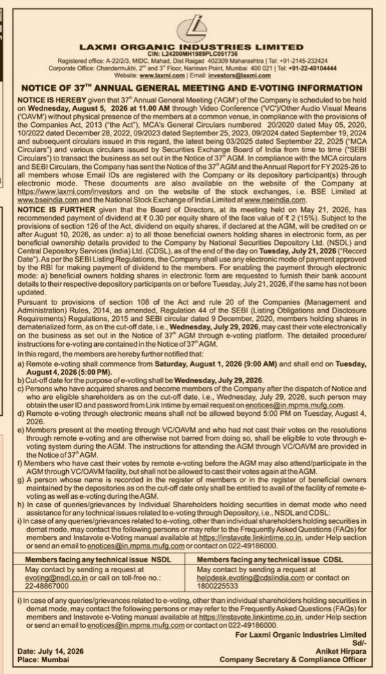 Laxmi Organic Industries 37th AGM and E-Voting Notice