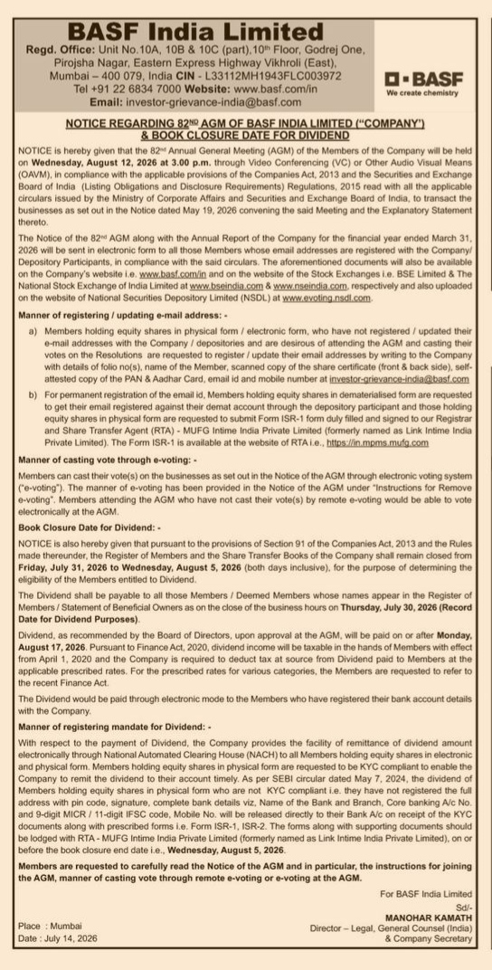 LE BASF India Limited: Notice of 82nd AGM and Book Closure for Dividend