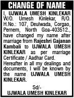 legal Change of Name following marriage- UJWALA UMESH KINLEKAR