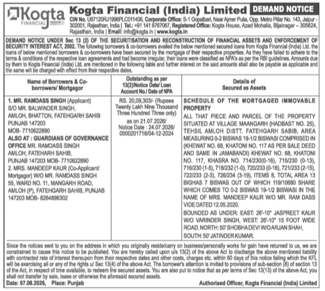 Legal Demand Notice under SARFAESI Act, 2002 [Section 13(2)]