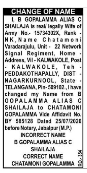 Legal Name Change Advertisement- Chatamoni Gopalamma