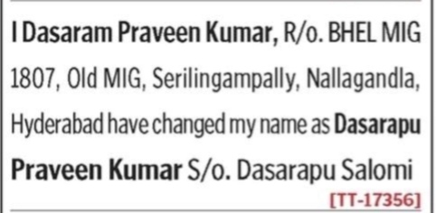 LEGAL NAME CHANGE -DASARAM ORAVEEN KUMAR