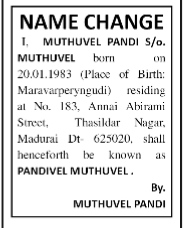 Legal Name Change Notification: Muthuvel Pandi to Pandivel Muthuvel
