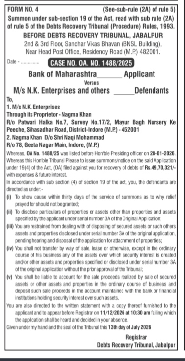 Legal Notice: Debts Recovery Tribunal Summon (Bank of Maharashtra vs. M/s N.K. Enterprises)