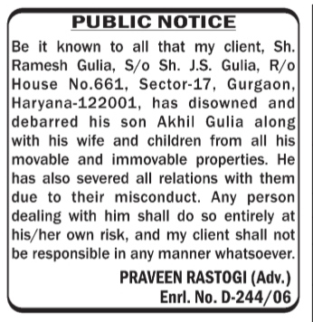 Legal Notice: Disownment and Debarment of Son and Family