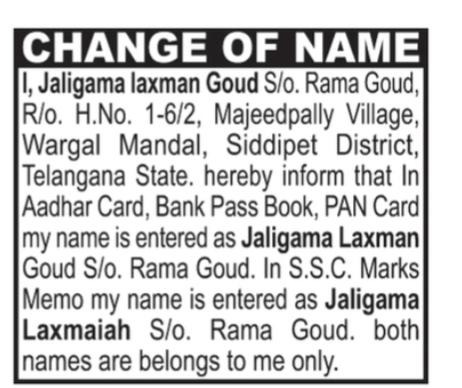 Legal Notice for Name Clarification (Jaligama Laxman Goud)