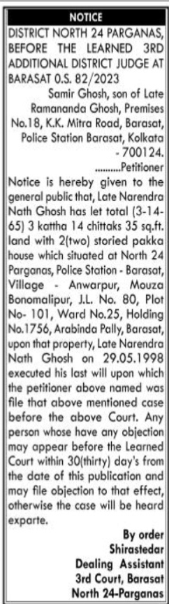 Legal Notice for Probate of Will (O.S. 82/2023 - Barasat Court)