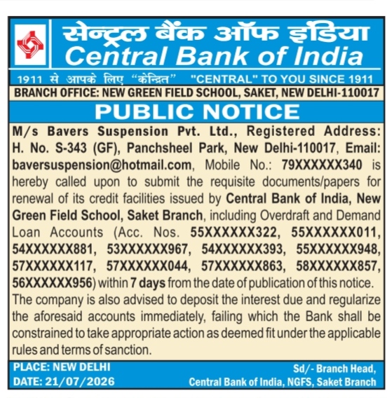 Legal Notice for Renewal of Credit Facilities – Central Bank of India (Saket Branch)