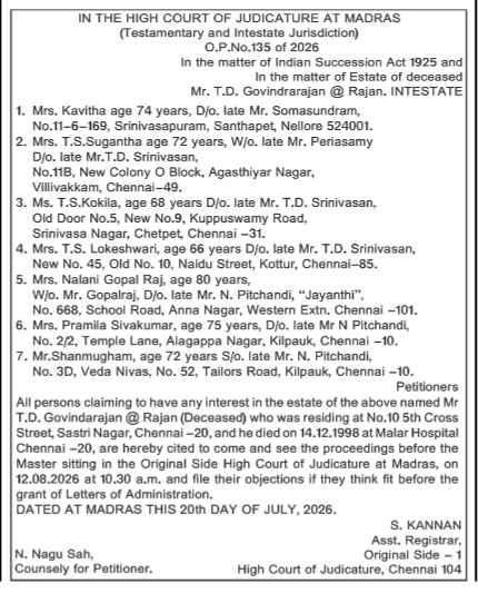 Legal Notice: High Court of Judicature at Madras (O.P. No. 135 of 2026)