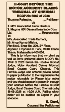 Legal Notice: Motor Accident Claims Tribunal (MCOP No. 1859 of 2026)
