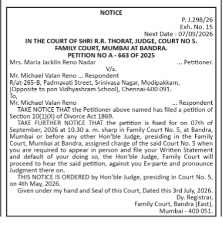 Legal Notice of Divorce Petition: Family Court, Mumbai at Bandra