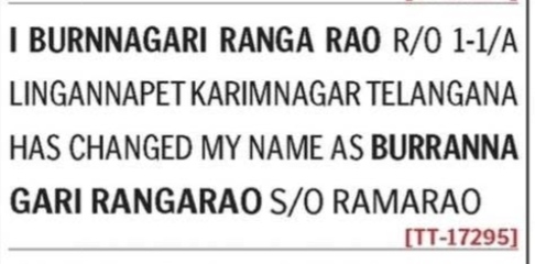 LEGAL NOTICE OF NAME CHANGE - burranna garu rangarao