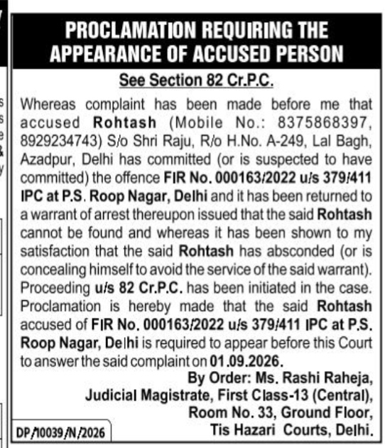 Legal Notice: Proclamation Requiring the Appearance of Accused Person (Rohtash
