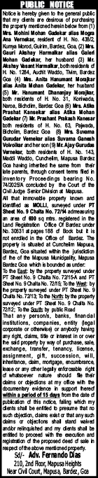 Legal Notice: Proposed Sale of Property in Cunchelim, Mapusa
