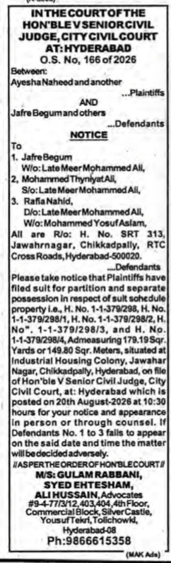 Legal Notice: Suit for Partition and Separate Possession