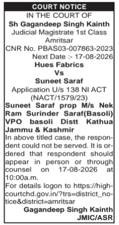 Legal Notice: Summons for Dishonor of Cheque Under Section 138 of the Negotiable Instruments Act