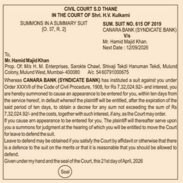 Legal Notice: Summons in a Summary Suit (Canara Bank v. Mr. Hamid Majid Khan)