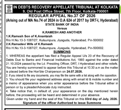 Legal Notice: Summons in Regular Appeal No. 37 of 2026 before Debts Recovery Appellate Tribunal (DRAT), Kolkata
