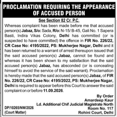 Legal Proclamation: Appearance of Accused Person (Jabaz) under Section 82 Cr.P.C.