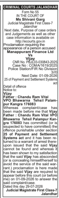 Legal Proclamation for Appearance of Accused Vijay (Manappuram Finance Ltd Vs Vijay)