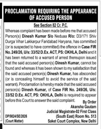 Legal Proclamation: Section 82 Cr.P.C. Accused Appearance Notice