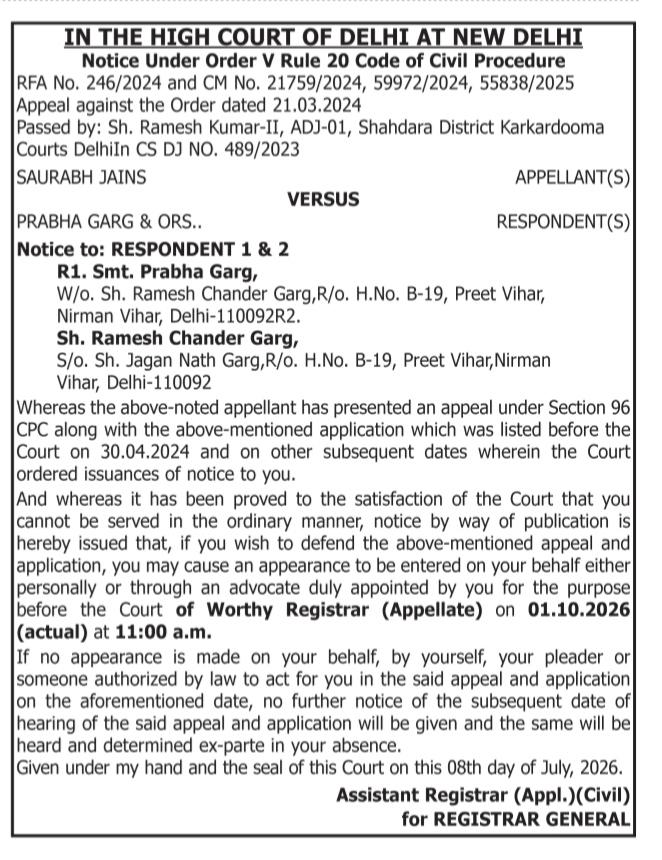Legal Public Notice: Delhi High Court Summons for Saurabh Jains vs. Prabha Garg & Ors.