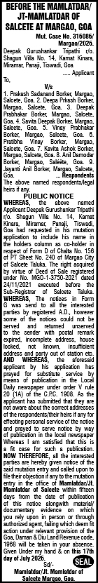 Legal Public Notice: Mutation Case of Salcete Taluka, Goa