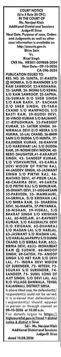 Legal Publication Notice: Court Summons for Bhim Sain Vs. Risal Singh (District Court Sirsa)