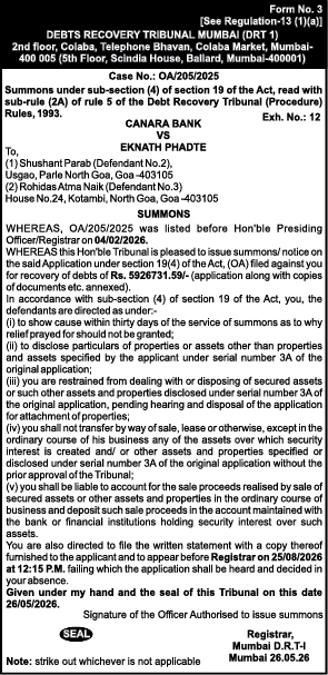 Legal Summons: Canara Bank vs Eknath Phadte & Others (DRT Mumbai, Case No. OA/205/2025