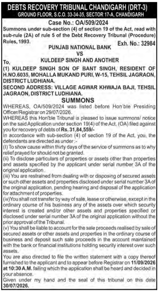 Legal Summons Notice from Debts Recovery Tribunal Chandigarh (DRT-3)