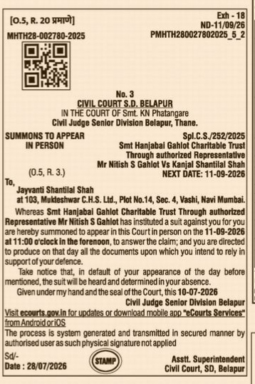 Legal Summons to Appear in Person issued by Civil Court S.D. Belapur