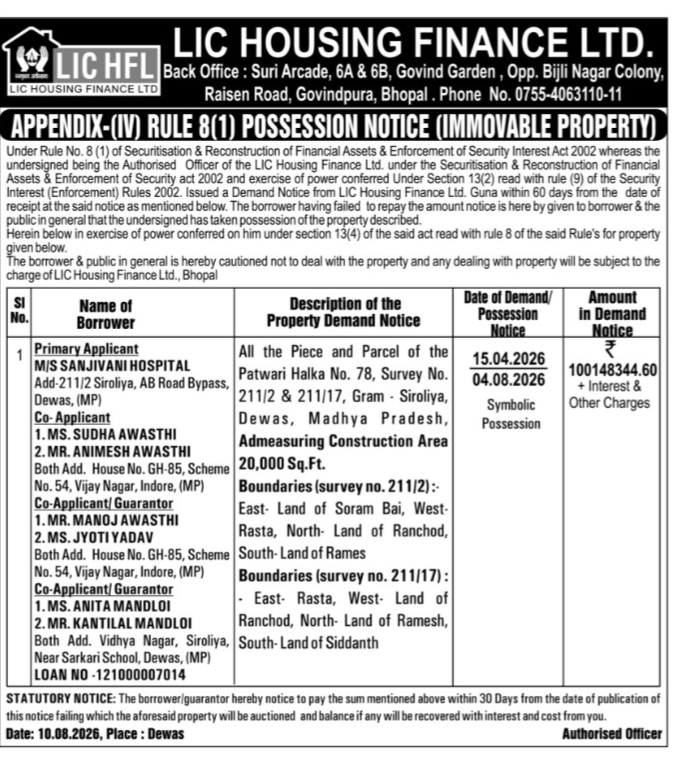 LIC HFL Possession Notice for M/S Sanjivani Hospital (Dewas, MP)