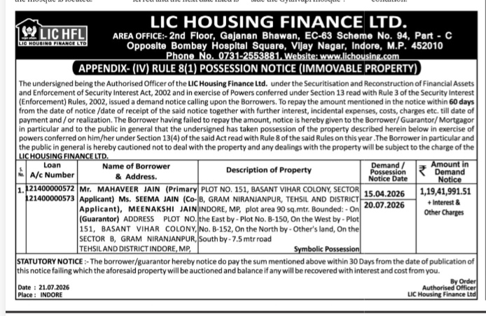 LIC Housing Finance Ltd. Possession Notice (Immovable Property) for Mr. Mahaveer Jain