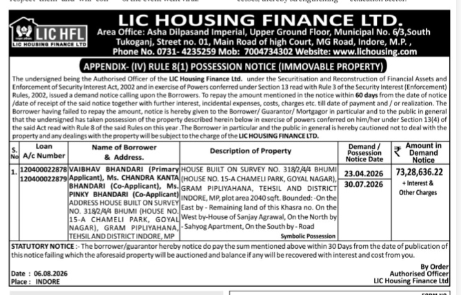 LIC Housing Finance Ltd. Possession Notice (Immovable Property) for Vaibhav Bhandari