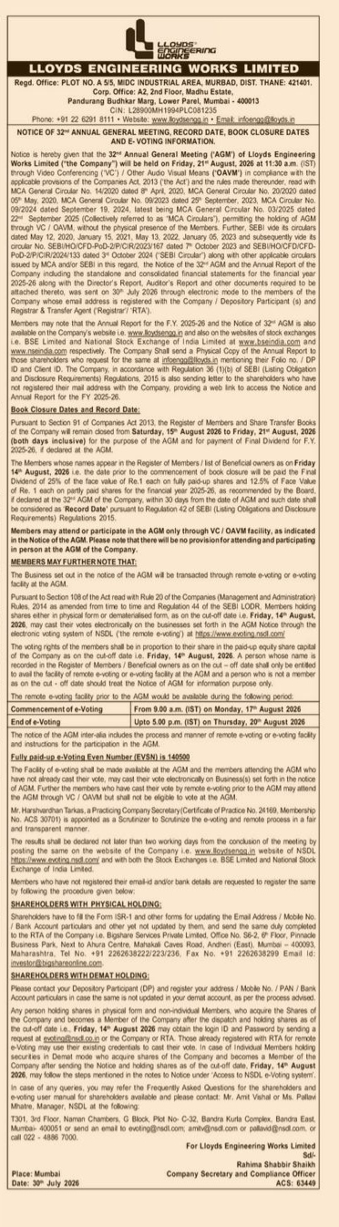 Lloyds Engineering Works Limited Notice of 32nd Annual General Meeting