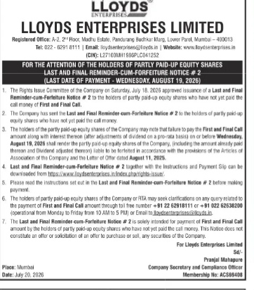 Lloyds Enterprises Limited: Last and Final Reminder-cum-Forfeiture Notice #2 (Rights Issue)