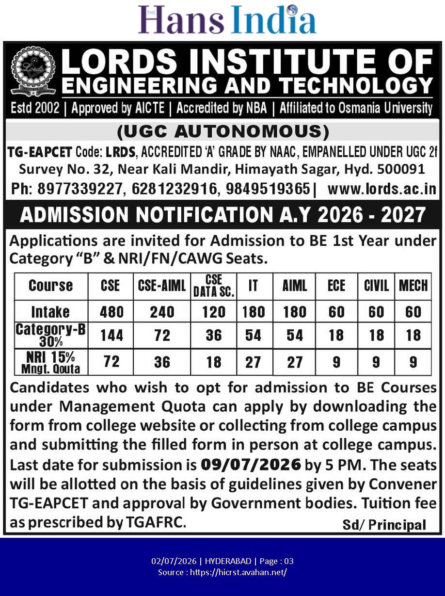 LORD INSTITUTE OF ENGINEERING AND TECHNOLOGY ADMISSION