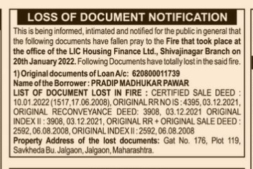 LOSS OF DOCUMENT NOTIFICATION