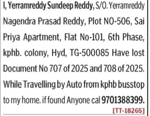 LOSS OF DOCUNENT -YERRAMREDDY SUNDEEP REDDY